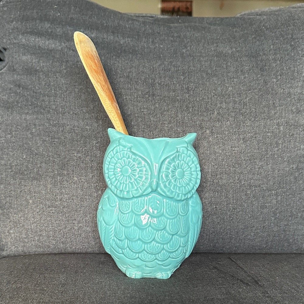 Turquoise Owl Ceramic Dish(wooden spoon not included)